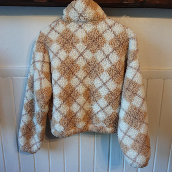 Hollister Sweater XS Tan Cream Argyle Sherpa Fleece Quarter Zip Cozy Sweatshirt - Picture 5 of 10
